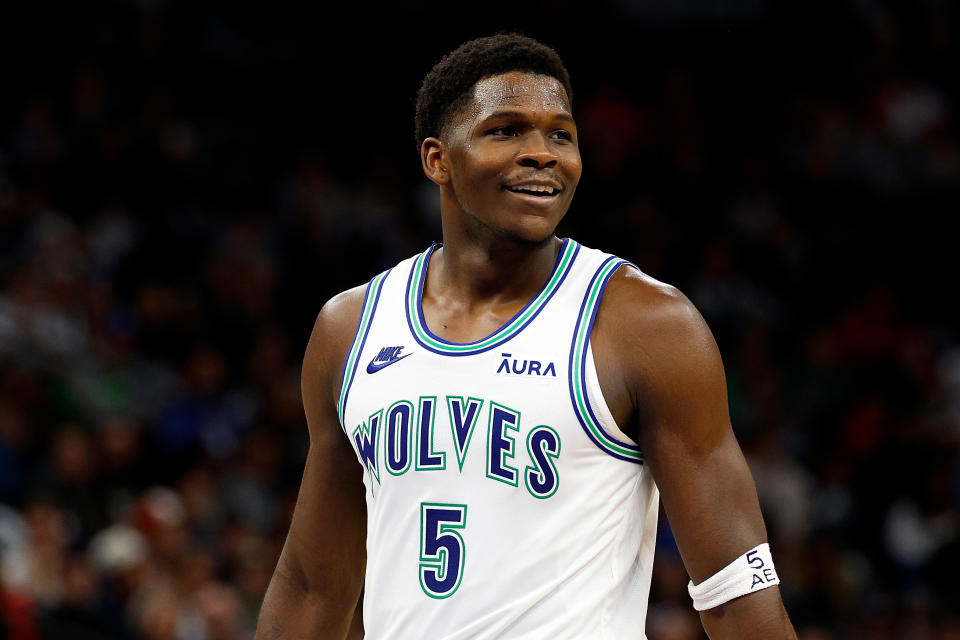 Minnesota Timberwolves guard Anthony Edwards looks on during a game earlier this month. (Photo by David Berding/Getty Images)