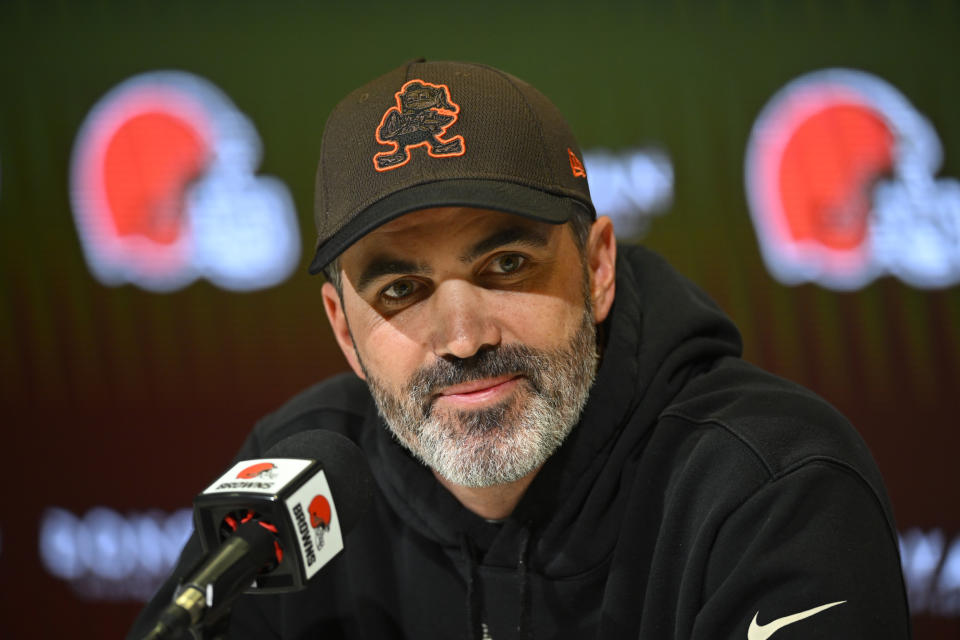 Cleveland Browns head coach Kevin Stefanski speaks with the media during an NFL football news conference at the team's practice facility in Berea, Ohio, Tuesday, April 18, 2023. (AP Photo/David Richard)