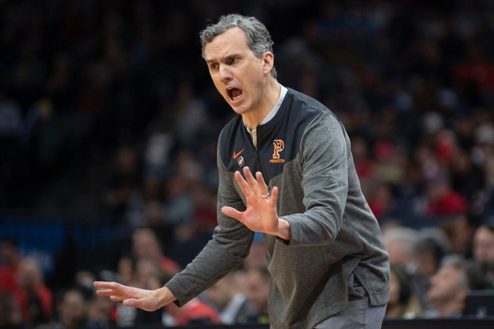 Princeton head coach Mitch Henderson tells his team to slow down the tempo during the first half of a first-round college basketball game against Arizona in the NCAA Tournament in Sacramento, Calif., Thursday, March 16, 2023.