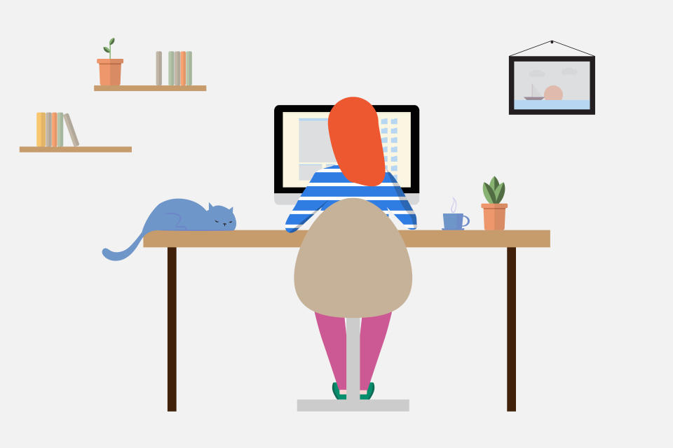 Young girl working at home on a personal computer in the room. A woman sitting on a chair and typing on the computer. Vector illustration with working home concept. Flat design style