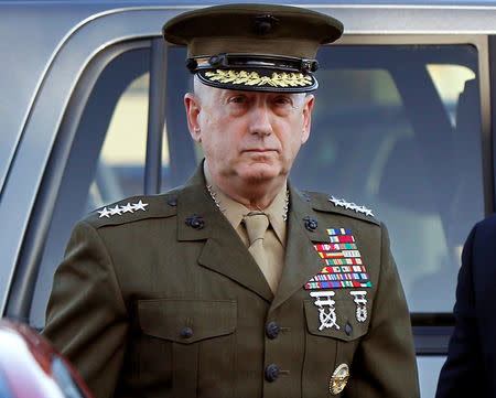 FILE PHOTO: Marine Corps four-star general James Mattis arrives to address at the pre-trial hearing of Marine Corps Sgt. Frank D. Wuterich at Camp Pendleton, California March 22, 2010. REUTERS/Mike Blake/File Photo