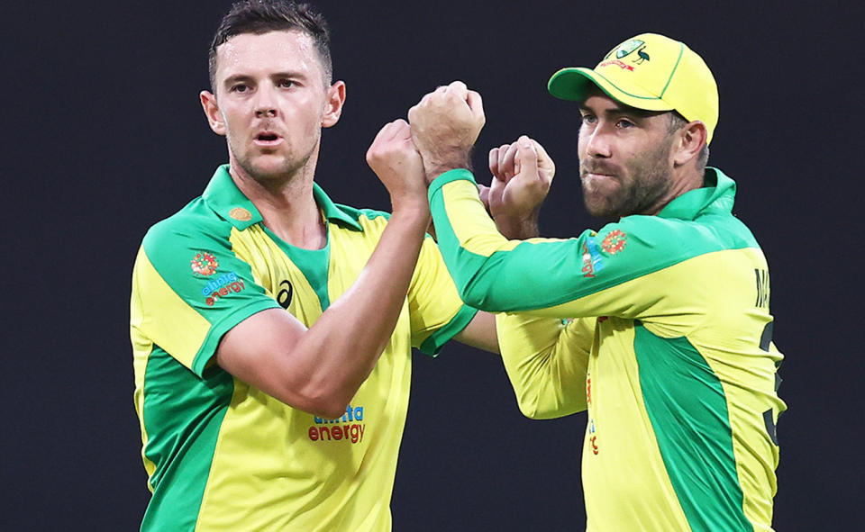 Josh Hazlewood and Glenn Maxwell, pictured here in action for Australia.