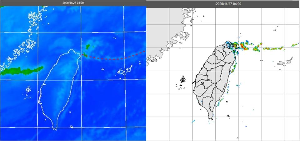 今(27日)晨4時紅外線色調強化雲圖(左圖)顯示，東北季風前緣舉升形成的線狀雲系(紅虛線)，即將觸及北台灣；4時雷達回波合成圖(左圖)顯示，其上伴隨強度偏弱的胞狀回波。