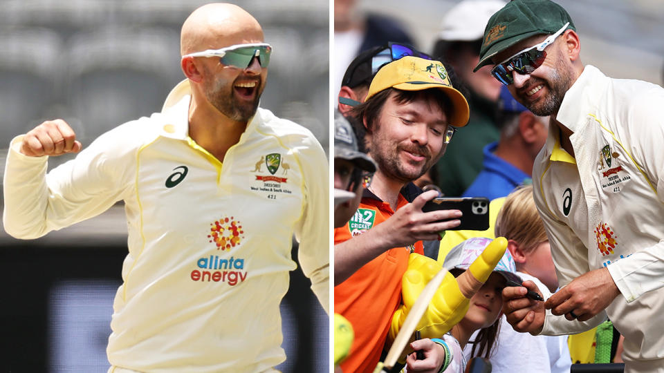 Nathan Lyon celebrates a wicket on the left, and takes a picture with a fan on the right.