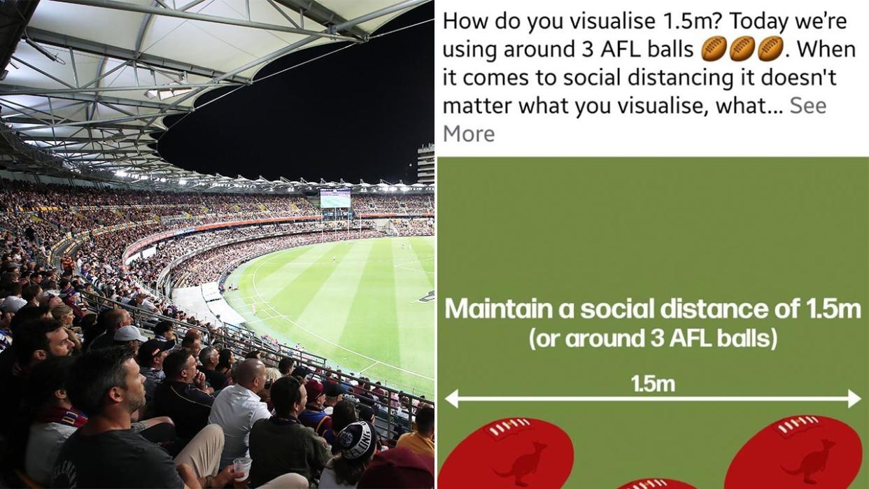 Queensland Health's social media post (pictured right) and the AFLat the Gabba (pictured right).