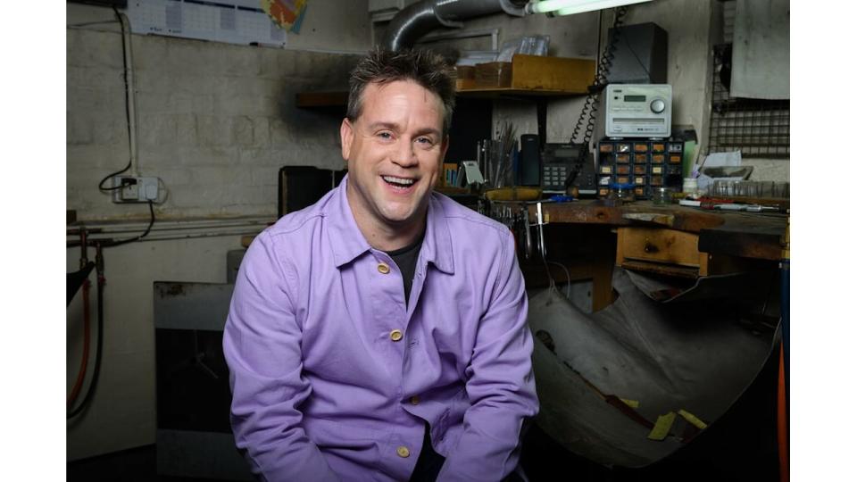 Richard Talman in a purple shirt in his workshop