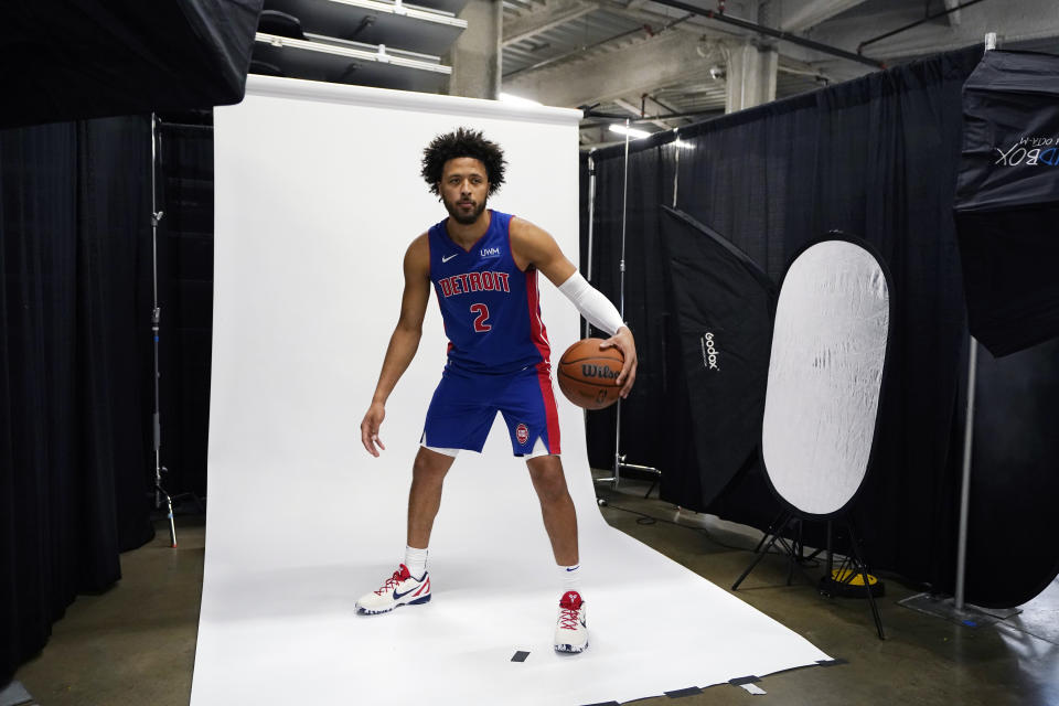 Detroit Pistons guard Cade Cunningham is photographed during the NBA basketball team's media dy, Monday, Oct. 2, 2023, in Detroit. (AP Photo/Carlos Osorio)