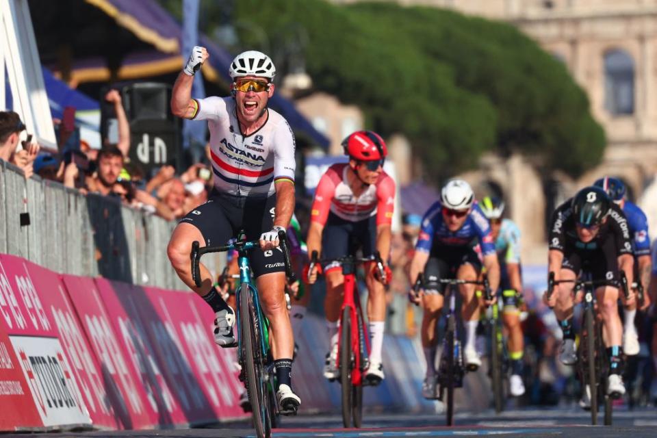 Astana Qazaqstan Teams British rider Mark Cavendish celebrates as he crosses the finish line to win the twentyfirst and last stage of the Giro dItalia 2023 cycling race 135 km in and around Rome on May 28 2023 Photo by Luca Bettini  AFP Photo by LUCA BETTINIAFP via Getty Images