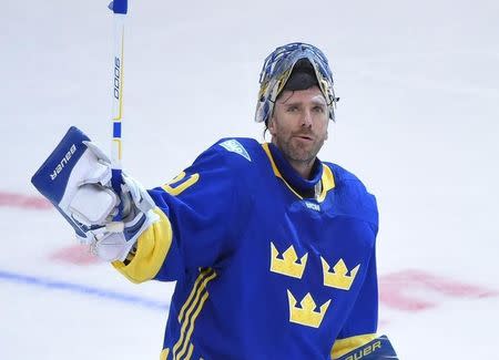Sep 20, 2016; Toronto, Ontario, Canada; Team Sweden goalie Henrik Lundqvist (30) gestures to fans after recording a shutout in a 2-0 win over Team Finland during preliminary round play in the 2016 World Cup of Hockey at Air Canada Centre. Mandatory Credit: Dan Hamilton-USA TODAY Sports
