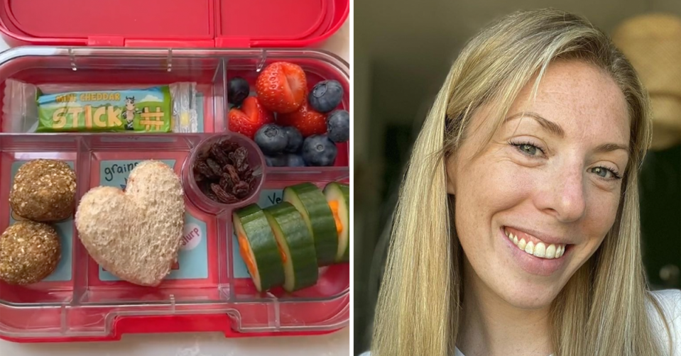 A lunchbox containing a sandwich, protein balls, a cheese stick, fruit, vegetables and raisins. 