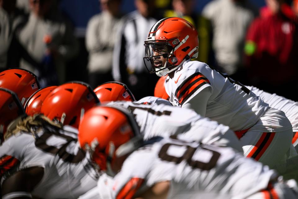 Browns quarterback P.J. Walker looks over the defense before a snap against the Colts, Sunday, Oct. 22, 2023, in Indianapolis.