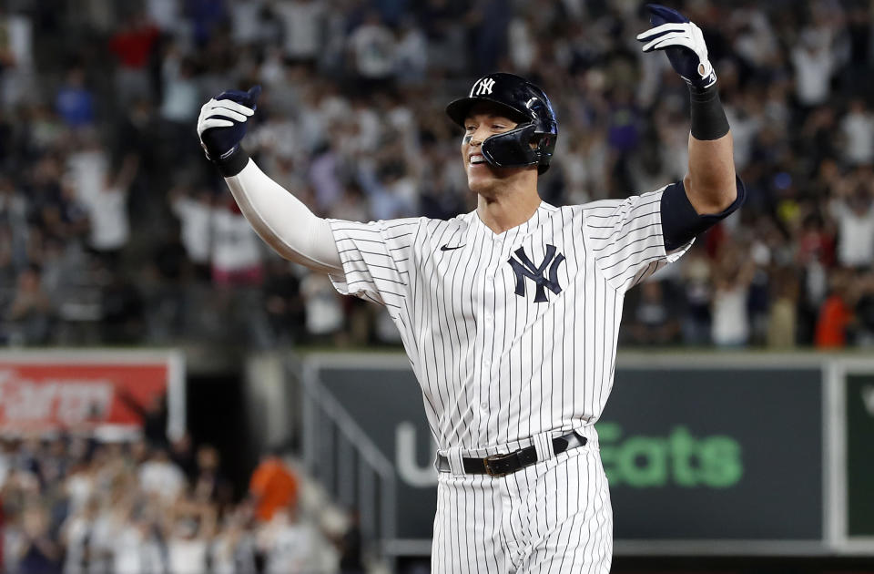 Aaron Judge has been winning games with huge hits, and the Yankees are on pace to challenge MLB's all-time wins record. (Photo by Jim McIsaac/Getty Images)
