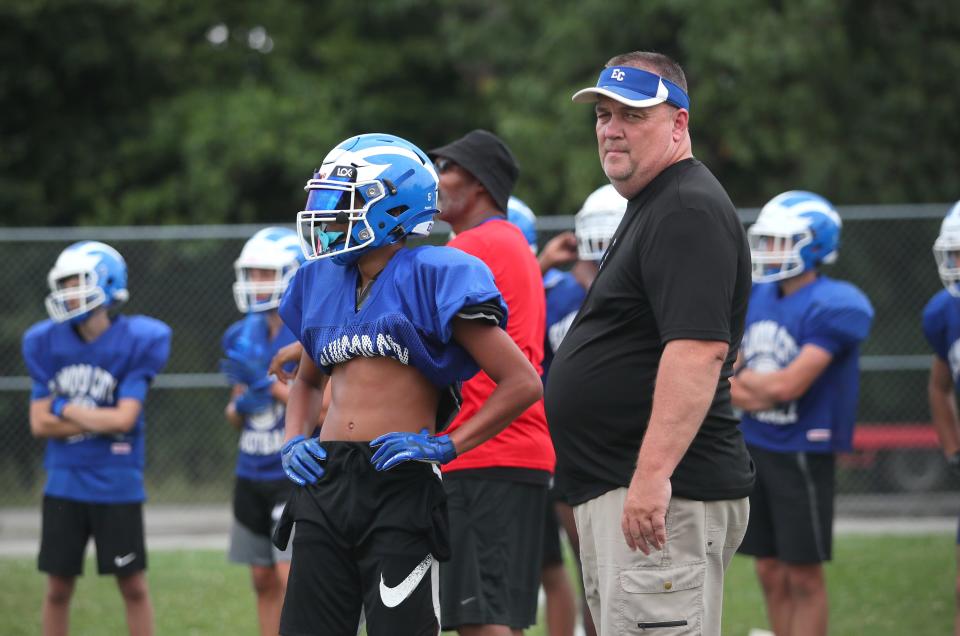 Ellwood City head coach Dan Bradley watches as his offensive line runs plays during training camp at Helling Stadium in Ellwood City, PA on August 10, 2022. 