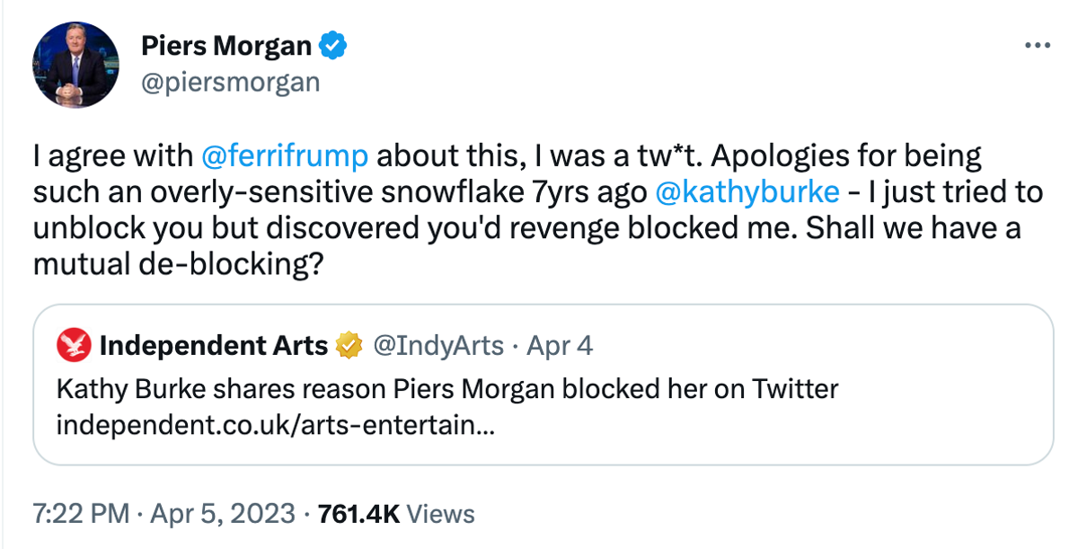 Morgan apologised to Burke on Twitter, seven years after blocking her (Twitter)