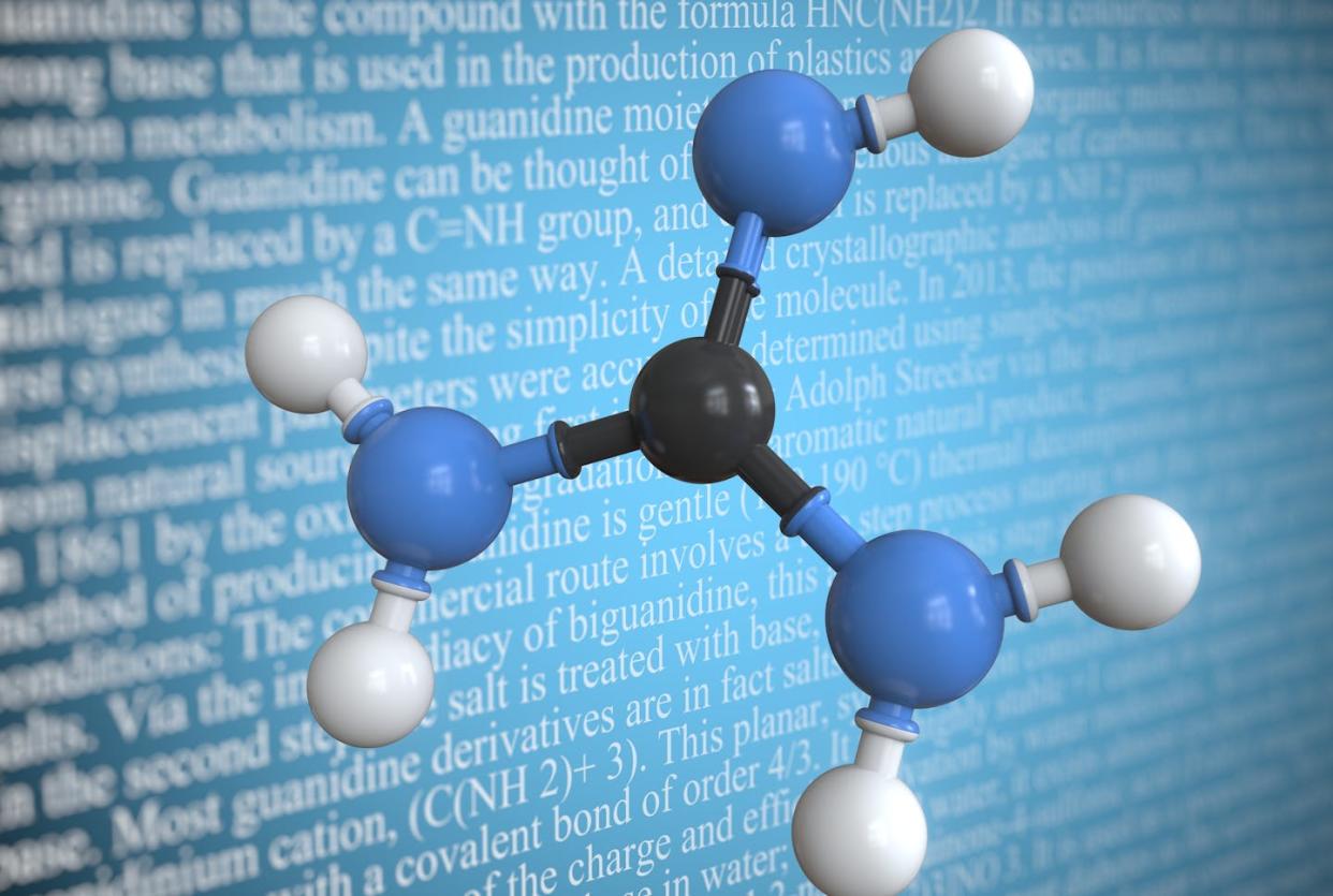 Modelo molecular de la guanidina, con su característica forma de "Y". <a href="https://www.shutterstock.com/es/image-illustration/guanidine-scientific-molecular-model-3d-rendering-2156091719" rel="nofollow noopener" target="_blank" data-ylk="slk:max.ku / Shutterstock;elm:context_link;itc:0;sec:content-canvas" class="link ">max.ku / Shutterstock</a>