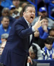 FILE - In this March 11, 2018, file photo, Kentucky head coach John Calipari yells to his players during the first half of an NCAA college basketball championship game against Tennessee at the Southeastern Conference tournament, in St. Louis. Kentucky is ranked No. 2 in The Associated Press Top 25 preseason poll, released Monday, Oct. 22, 2018.(AP Photo/Jeff Roberson, File)