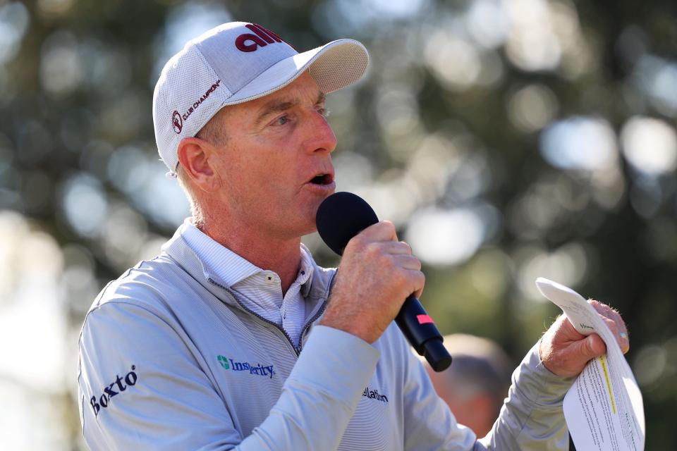 Jim Furyk speaks before the trophy presentation during the third and final round of the Constellation Furyk & Friends PGA Tour Champions golf tournament Sunday, Oct. 8, 2023 at Timuquana Country Club in Jacksonville, Fla. Brett Quigley won at 11 under par, one stroke over Steven Alker. [Corey Perrine/Florida Times-Union]