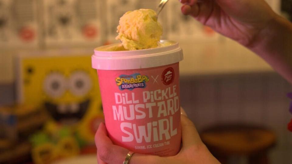 The dill pickle mustard swirl ice-cream is available for now on Pizza Hut’s website Picture: Pizza Hut Australia.