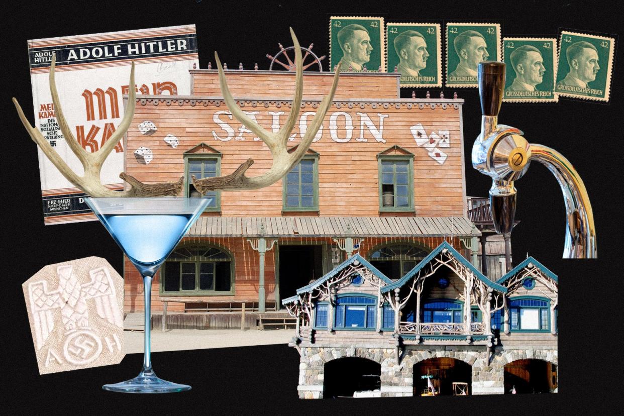 On a black background are cropped photos of a martini glass, a hunting lodge adorned with antlers, free-floating antlers, an Old West saloon, Hitler stamps, a nazi eagle with a swastika, and a copy of Mein Kampf. 