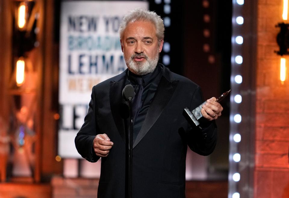 Sam Mendes accepts the award for best direction of a play for “The Lehman Trilogy” at the 75th annual Tony Awards, at Radio City Music Hall in New York 75th Annual Tony Awards – Show, New York, United States – 12 Jun 2022. Courtesy: National Theatre. Credit: Photo by Charles Sykes/AP/Shutterstock.