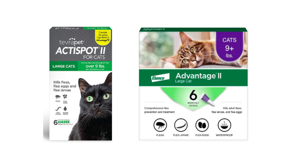 Tevra's ActiSpot II 6-dose treatment for large cats cost $30 on Amazon.com, as of May 15. The brand-name equivalent, Advantage II for cats, cost more than twice as much – $64 – on Chewy.com.