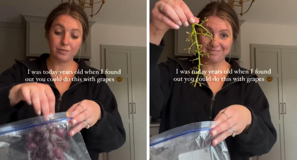 Two photos of a mum demonstrating a grape hack