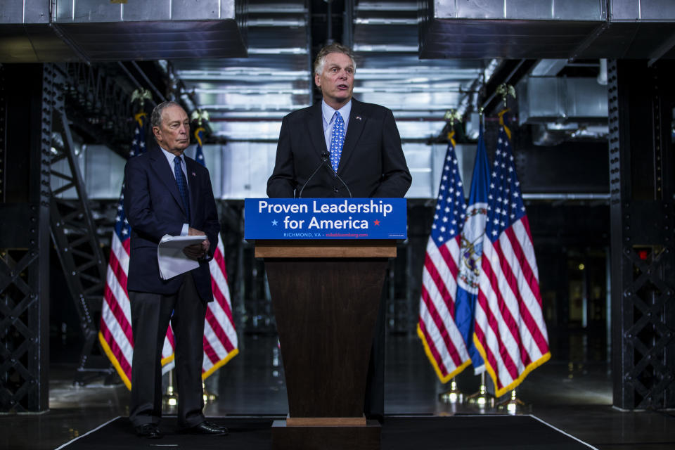 RICHMOND, VA - JANUARY 07: Former Virginia Governor Terry McAuliffe (D) speaks during a news conference with Democratic presidential candidate, former New York City mayor Michael Bloomberg at Richmond Main Street Station on January 7, 2020 in Richmond, Virginia.  Bloomberg also met with Richmond Mayor Lavar Stoney.  (Photo by Zach Gibson/Getty Images)