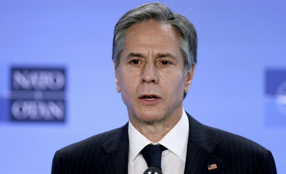 United States Secretary of State Antony Blinken speaks during a media conference at NATO headquarters in Brussels, Wednesday, April 14, 2021. (Kenzo Tribouillard, Pool via AP)