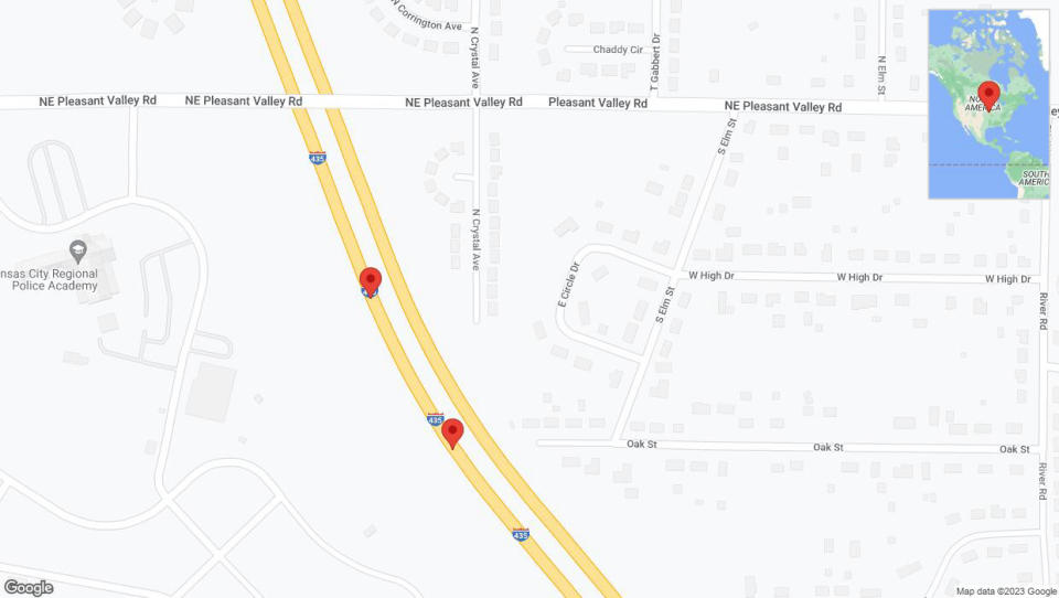 A detailed map that shows the affected road due to 'Broken down vehicle on southbound I-435 in Kansas City' on December 23rd at 4:03 p.m.