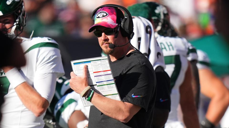 Oct 8, 2023; Denver, Colorado, USA; New York Jets offensive coordinator Nathaniel Hackett looks on during the second half against the Denver Broncos at Empower Field at Mile High. Mandatory Credit: Ron Chenoy-USA TODAY Sports