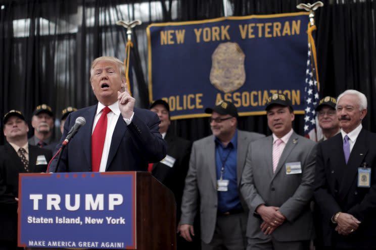 Rep. presidential candidate Donald Trump speaks to the press after receiving an endorsement from the New York Veteran Police Association in the borough of Staten Island on April 17, 2016. (Photo: Brendan McDermid/Reuters) 