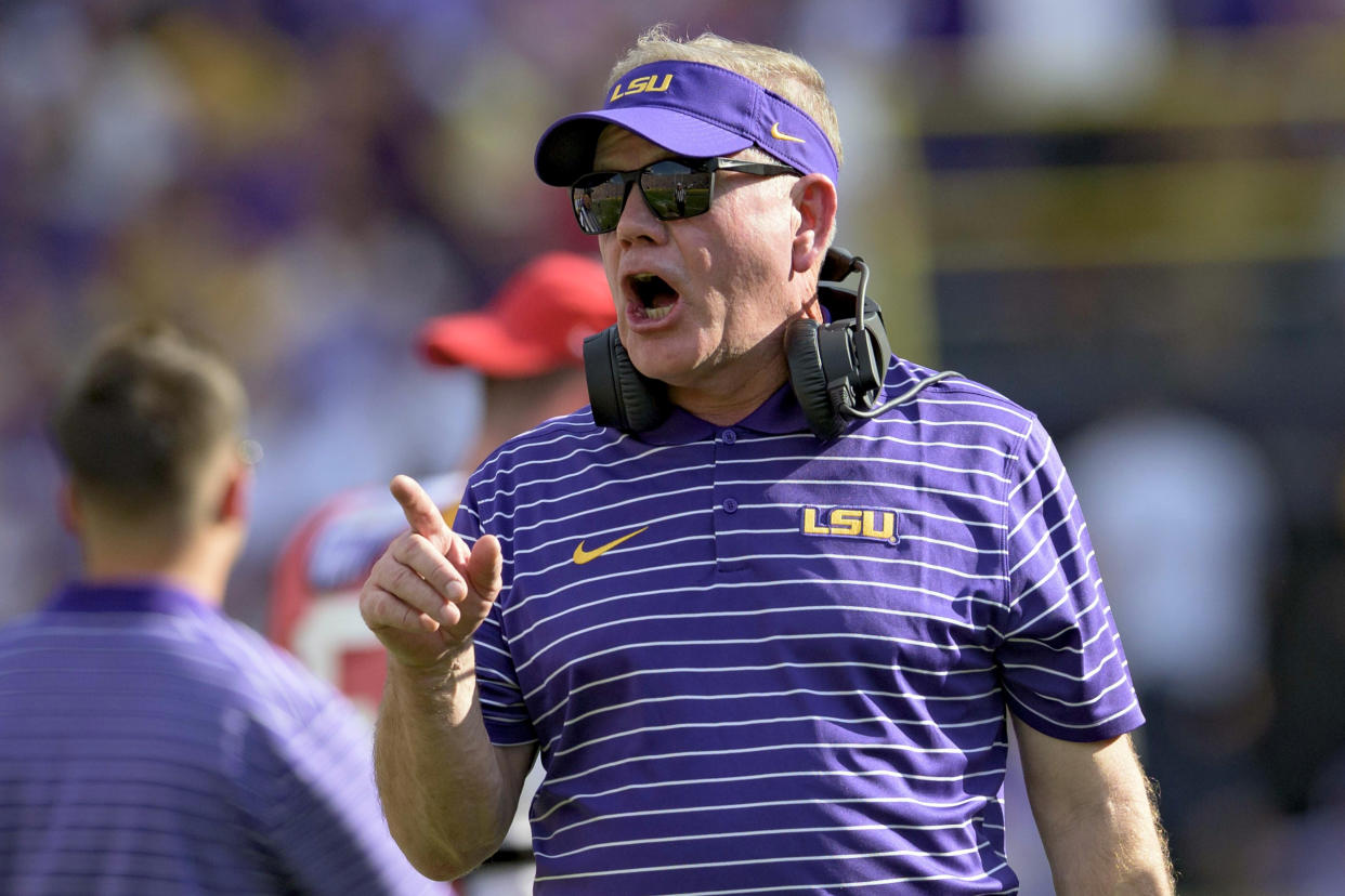 FILE - LSU head coach Brian Kelly disputes a call during the first half an NCAA college football game against Mississippi in Baton Rouge, La., Saturday, Oct. 22, 2022. LSU faces Alabama on Nov. 4, 2023. Kelly has brought the Tigers back to relevance, but Alabama's Nick Saban hasn't won seven national championships — the first at LSU in 2003 and the last six at Alabama — by failing to have his team ready for its biggest challenges. (AP Photo/Matthew Hinton, File)