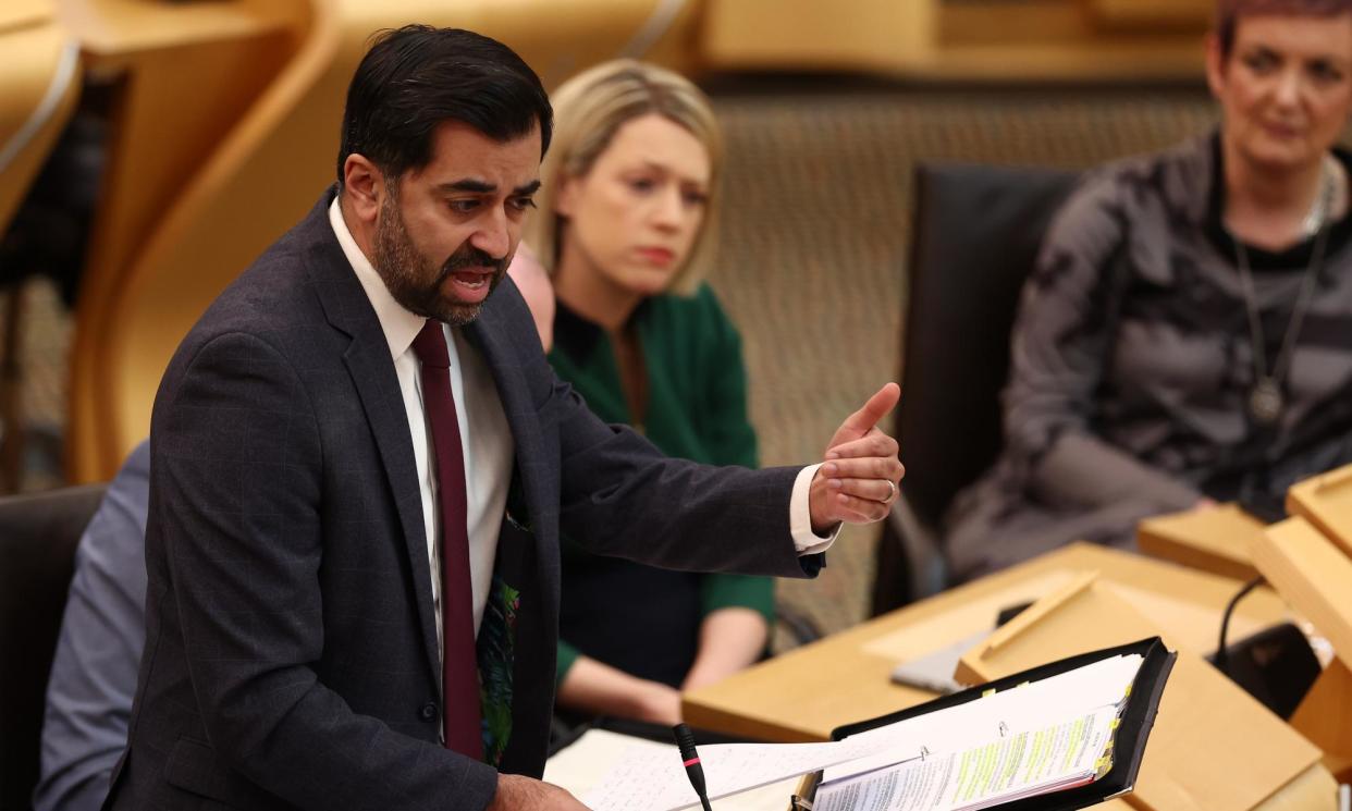 <span>Humza Yousaf during first minister’s questions on Thursday. </span><span>Photograph: Jeff J Mitchell/Getty Images</span>