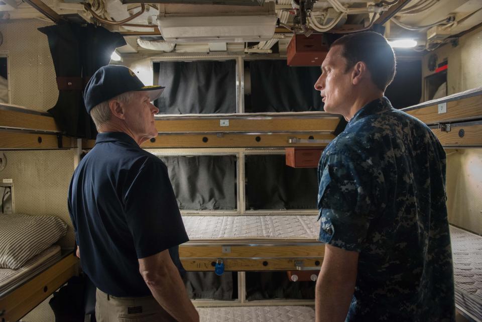 Secretary of the Navy (SECNAV) Ray Mabus tours berthing spaces aboard the Ohio-class ballistic-missile submarine USS West Virginia (SSBN 736) during a visit to Naval Submarine Base Kings Bay. Mabus visited various commands and facilities and held an all-hands call with Sailors and Marines to discuss the current and future status of the Department of the Navy.&nbsp;