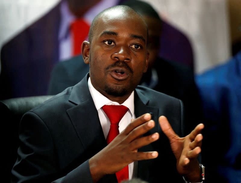 FILE PHOTO: Opposition Movement For Democratic Change (MDC) party leader Nelson Chamisa gestures while addressing the media in a news conference in Harare