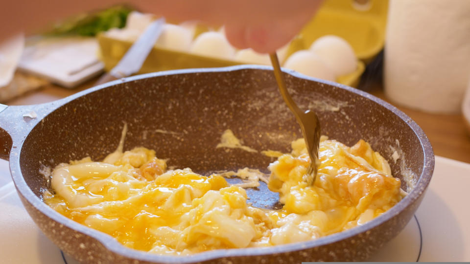 scrambled eggs in a pan