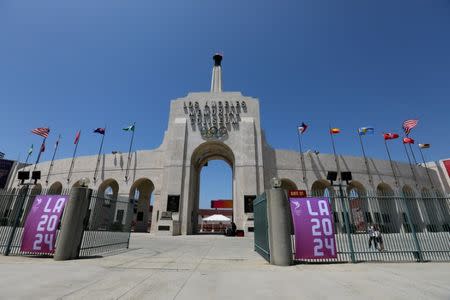 The Los Angeles Memorial Coliseum is shown after a tour by the International Olympic Committee Evaluation Commission as LA 2024 bids for the Summer 2024 Olympic Games in Los Angeles, California, U.S., May 11, 2017. REUTERS/Mike Blake