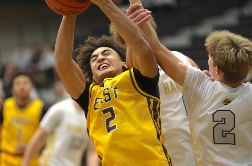 Zeeland East's BJ Walker goes up for a shot against Hamilton on Tuesday, Dec. 5, 2023.