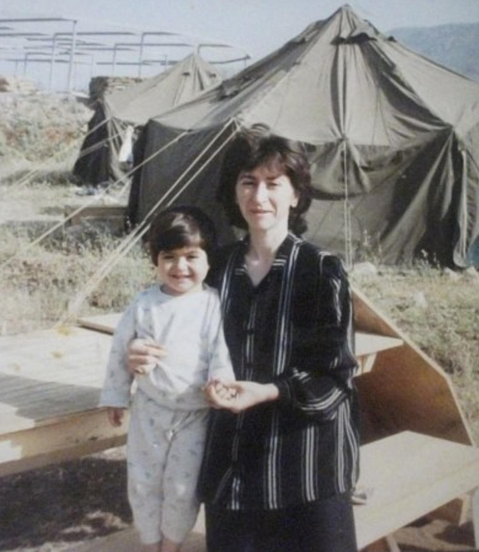 Bnar Talabani and her mother pictured at a refugee camp after fleeing Iraq. (image supplied)