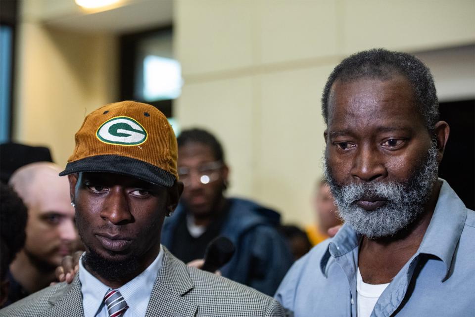 Michael Jenkins and his father Melvin Jenkins listen during a press conference after the 'Goon Squad' sentencing at the Rankin County Circuit Court in Brandon, Miss., on Wednesday, April 10, 2024.