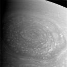 Saturn's mysterious northern vortex, a vast hexagon-shaped storm, dominates this photo taken Nov. 27, 2012, by NASA's Cassini spacecraft. This image is a raw and unprocessed view. (NASA/JPL-Caltech/Space Science Institute)