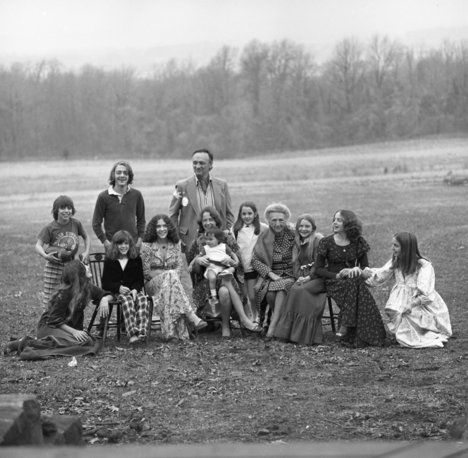 Pryde used a self timer to take this photograph of their blended family on the farm, circa 1974.