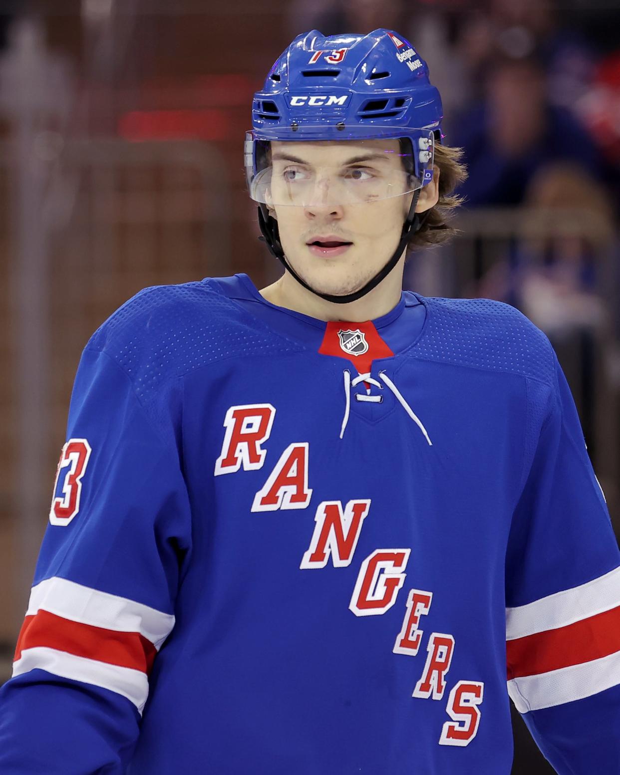 Mar 11, 2024; New York, New York, USA; New York Rangers center Matt Rempe (73) skates against the New Jersey Devils during the second period at Madison Square Garden.