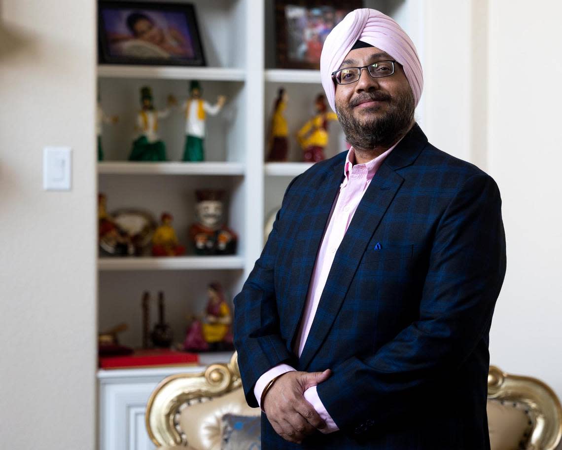 Urmeet Juneja, who is Sikh, in his home in Frisco.