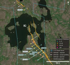 Plan view showing the surface expression of the Ki pegmatite with diamond drill holes reported in this press release.