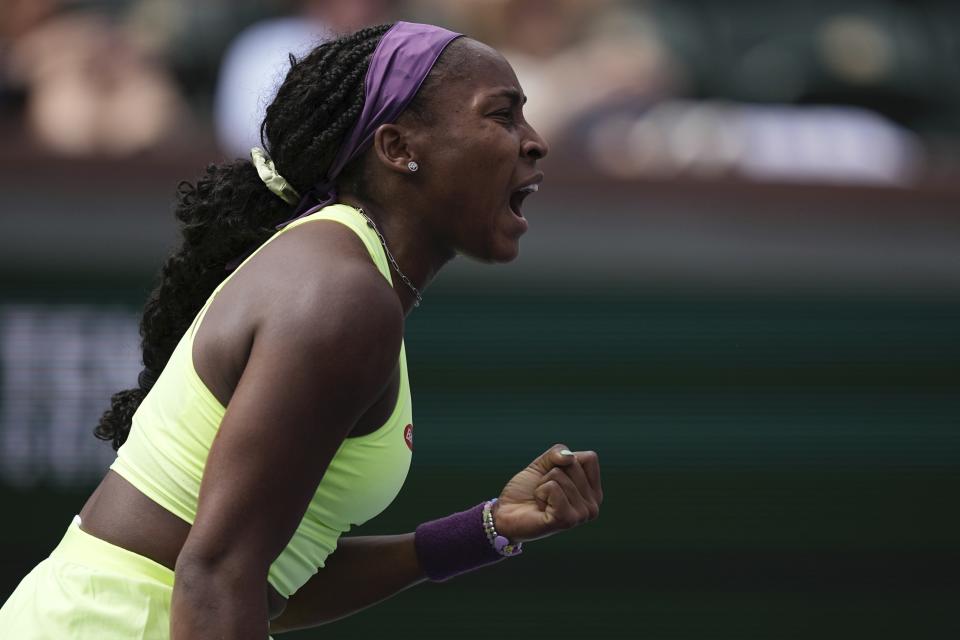 Coco Gauff, of the United States, celebrates winning a point against Lucia Bronzetti, of Italy, at the BNP Paribas Open tennis tournament Monday, March 11, 2024, in Indian Wells, Calif. (AP Photo/Mark J. Terrill)