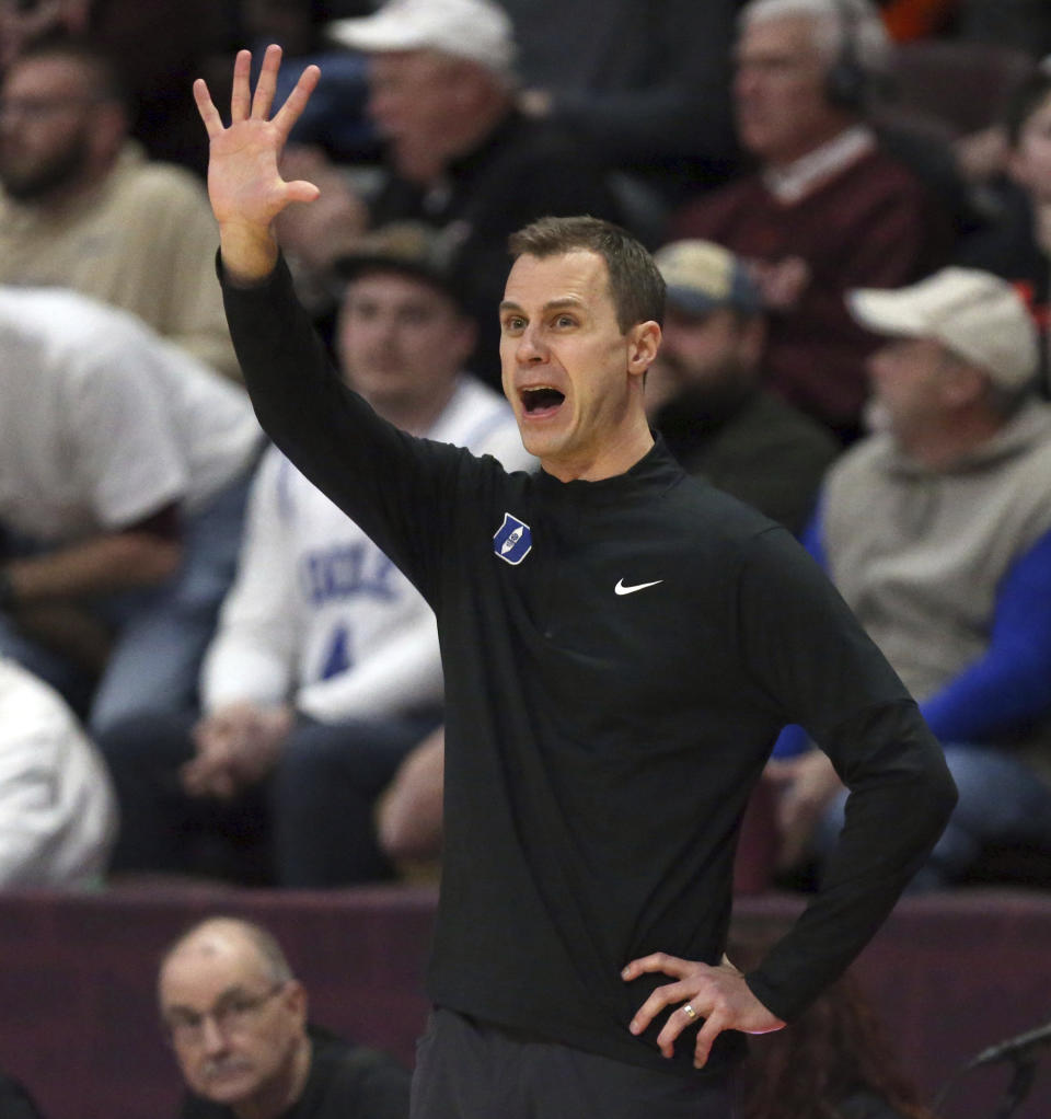 Duke head coach Jon Scheyer reacts in the first half of an NCAA college basketball game against Virginia Tech, Monday, Jan. 29, 2024, in Blacksburg, Va. (Matt Gentry/The Roanoke Times via AP)