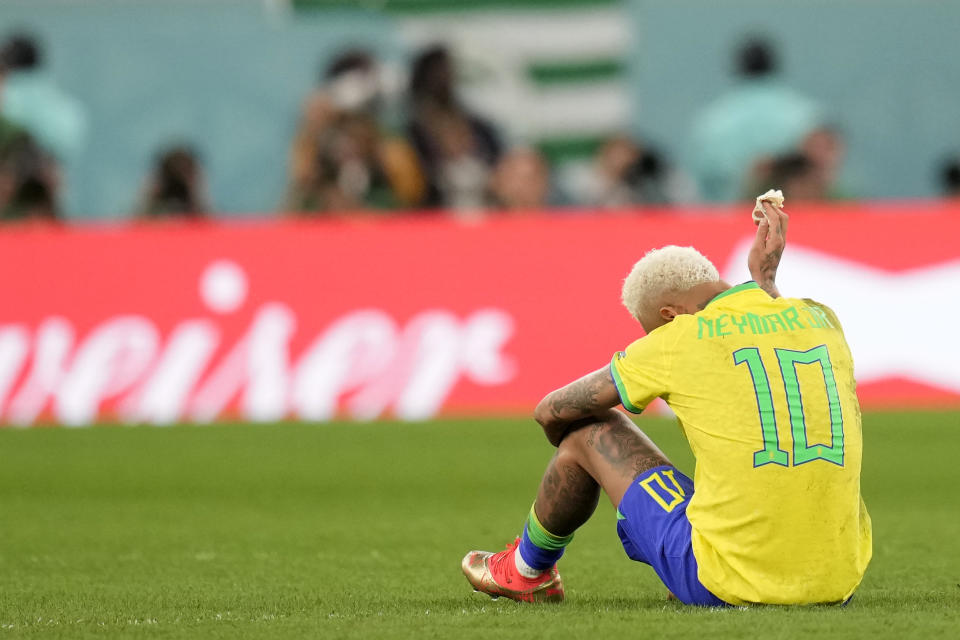 Brazil's Neymar reacts after they were defeated by Croatia after the World Cup quarterfinal soccer match between Croatia and Brazil, at the Education City Stadium in Al Rayyan, Qatar, Friday, Dec. 9, 2022. (AP Photo/Andre Penner)