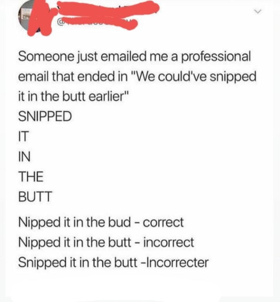 person accidentally says "snipped in the butt" instead of "nipped in the bud"