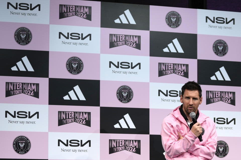 Inter Miami's Lionel Messi speaks during a press conference at a hotel, ahead of his team's friendly soccer match against Vissel Kobe in Tokyo, Tuesday, Feb. 6, 2024. (AP Photo/Shuji Kajiyama)